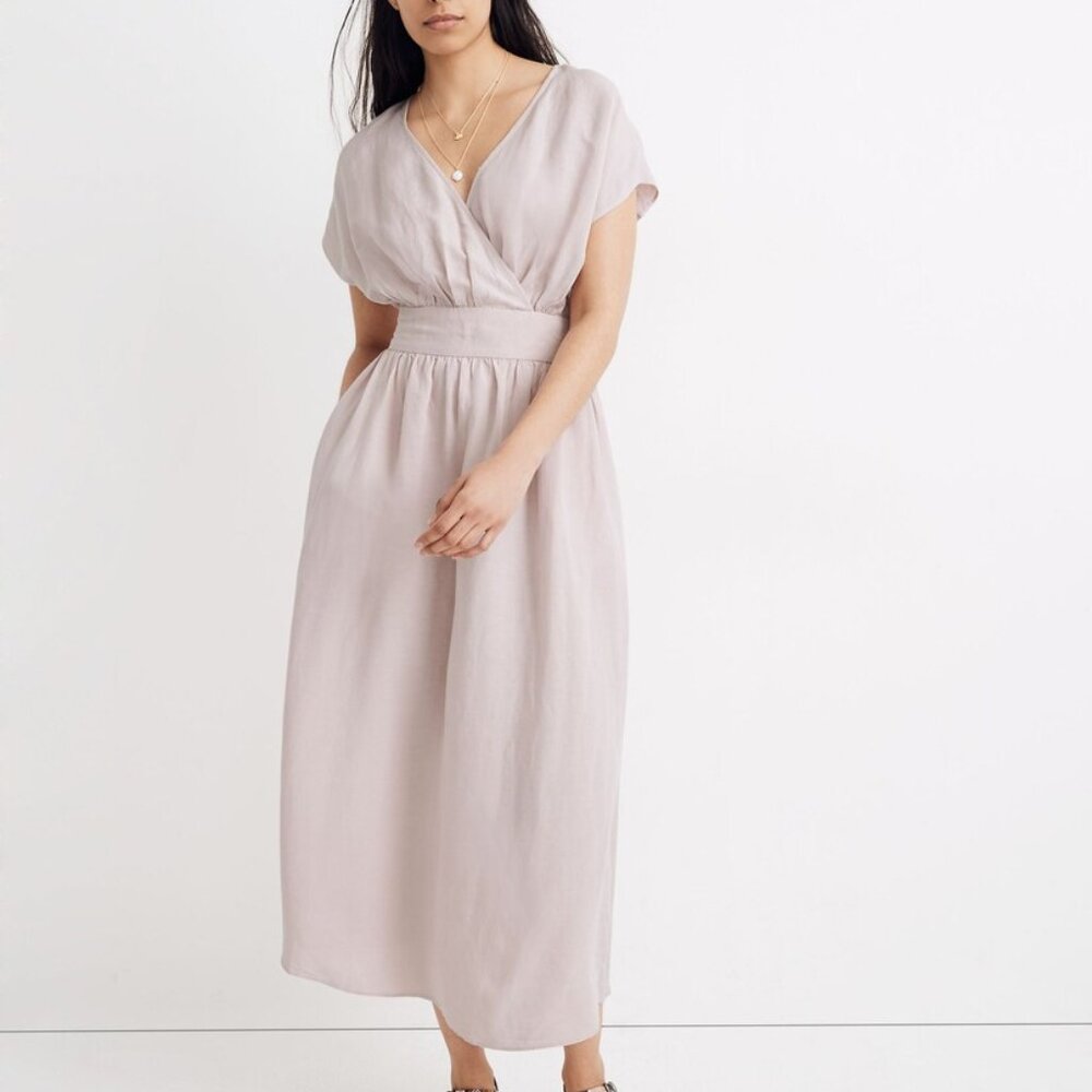 Madewell Linen-Blend Dolman-Sleeve Crossover Midi Dress in Pale Lilac